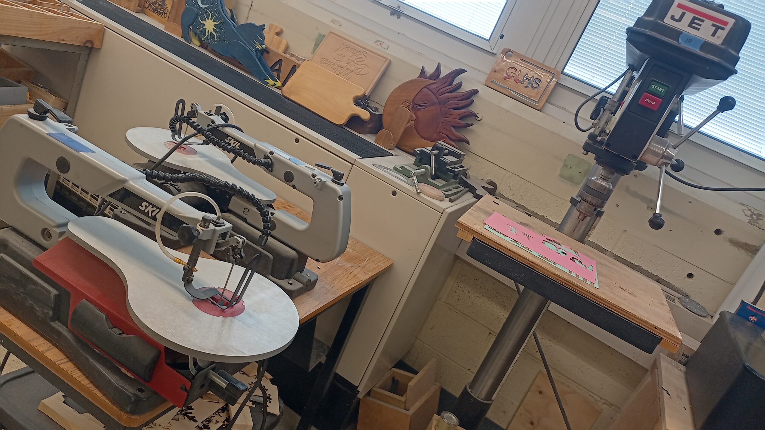 Scroll saw and drill press in the shop classroom